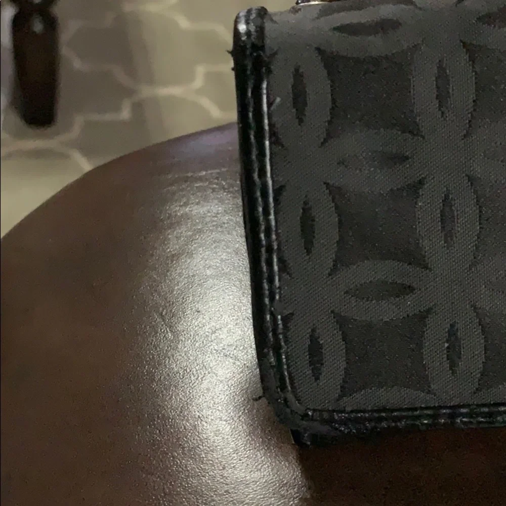 Black faux leather wallet w/fabric on front